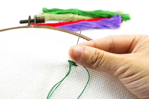 Atelier broderie, mâini care cos